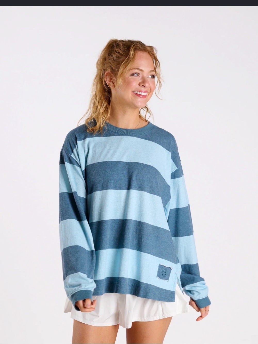 Striped Light Blue & Denim Blue Long Sleeve Women's Top